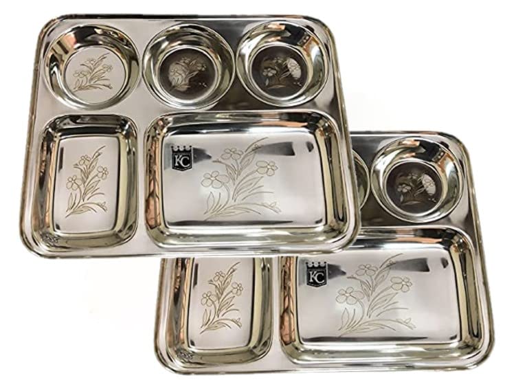 KC Stainless Steel Laser Partition Plate 5 in1 | Bhojan Thali | Dinner Plate Set of 2 - Image 4