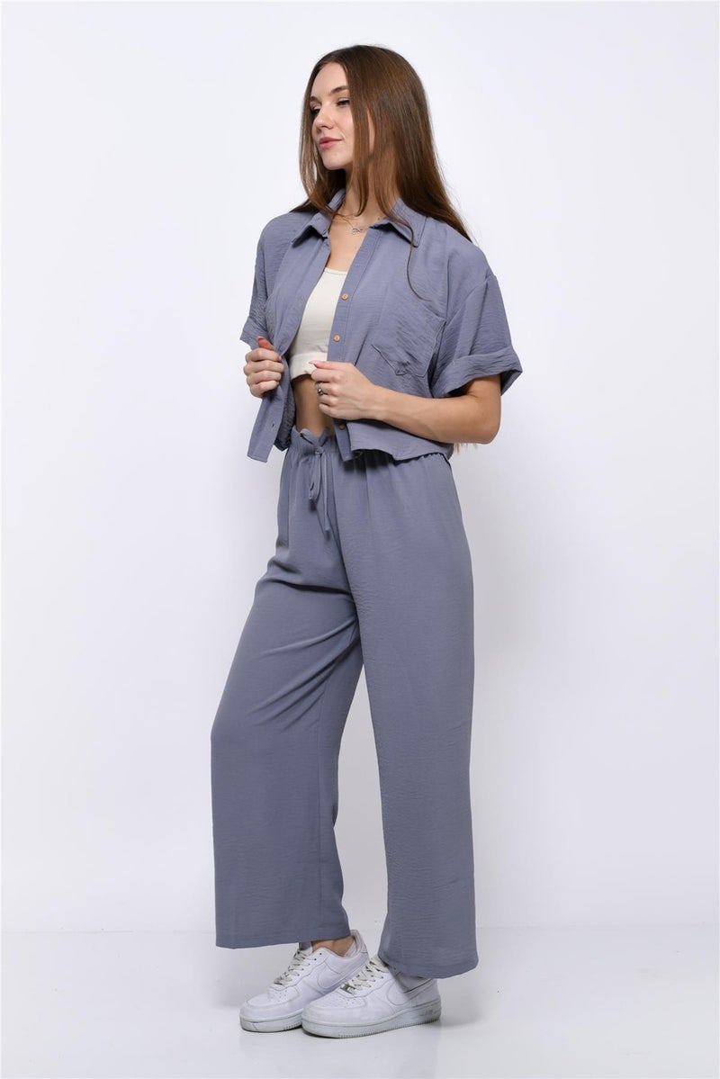 Nuseel Aerobin Crop Shirt Elastic Waist Trousers 2 Piece Set Gray - Image 5