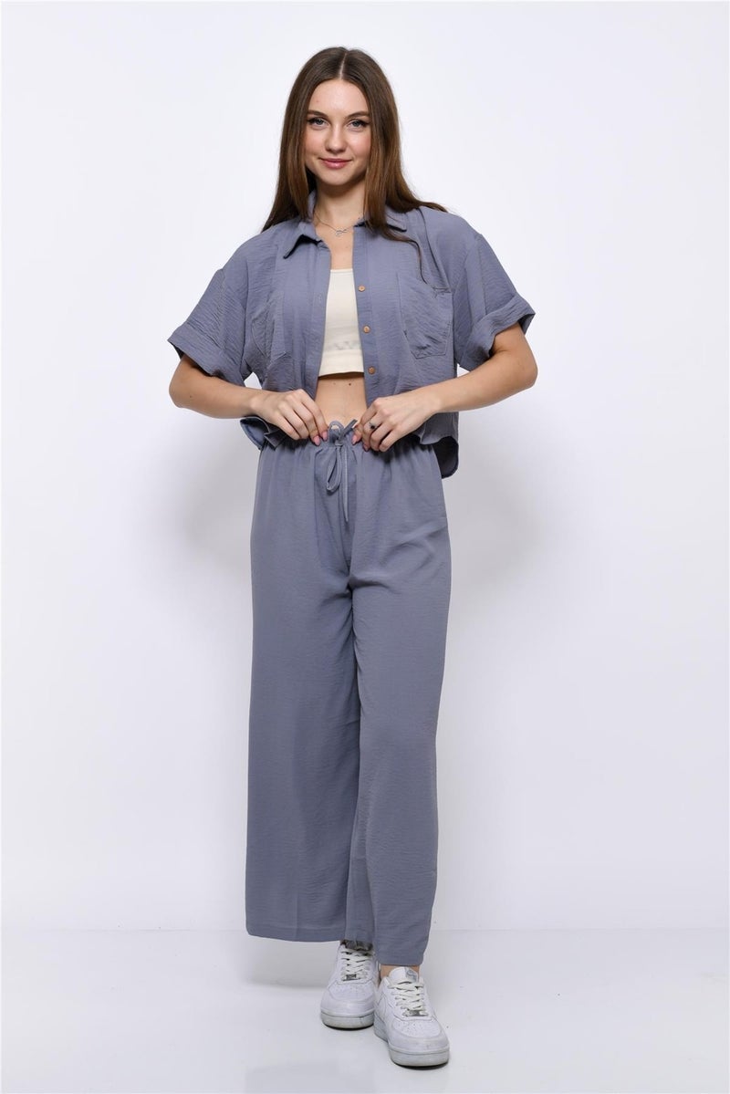 Nuseel Aerobin Crop Shirt Elastic Waist Trousers 2 Piece Set Gray - Image 4