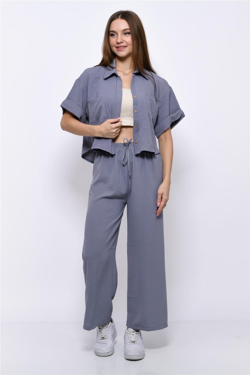 Nuseel Aerobin Crop Shirt Elastic Waist Trousers 2 Piece Set Gray - Image 3