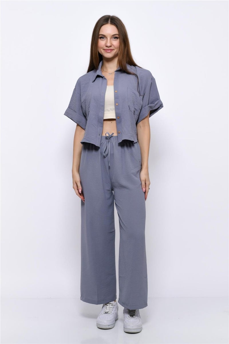 Nuseel Aerobin Crop Shirt Elastic Waist Trousers 2 Piece Set Gray - Image 2