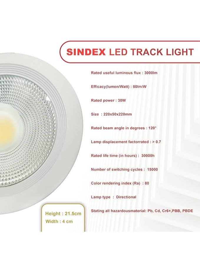 مصباح سقف LED COB بقوة 30 واط | مقاس الجسم 220 × 50 مم، لون أبيض دافئ | مقاس القطع 200 مم، وحدة إضاءة سقف غائرة - موفرة للطاقة، عالية السطوع - غلاف أبيض للاستخدام المنزلي والتجاري (3000 كلفن) - Image 3