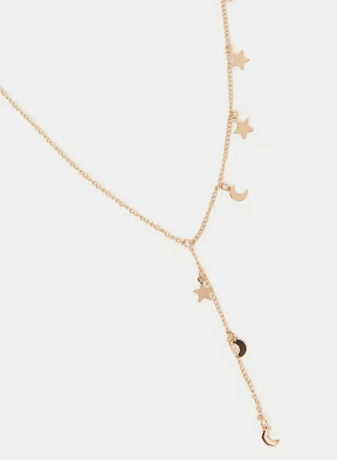 Styli Moon and Star Drop Lariat Necklace