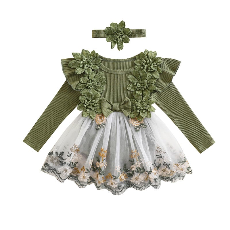 Douhoow Baby Girl Romper Dress Embroidery Lace Flowers Baby Dress Romper Fall Winter Festival Clothes with Headband (Green, 3-6 Months) - Image 1