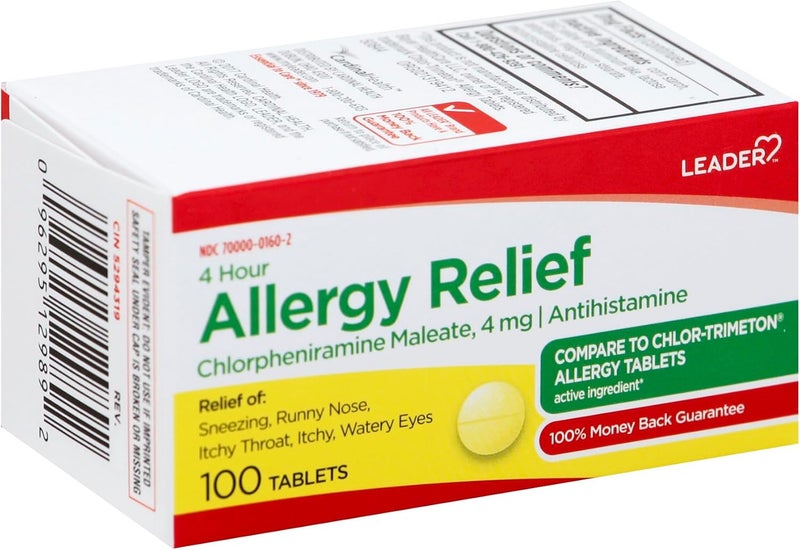 Leader 4 Hour Allergy Relief Chlorpheniramine Maleate 4 mg Tablets FastActing Relief for Sneezing Runny Nose Itchy Eyes Allergies 100 Tablets - Image 1