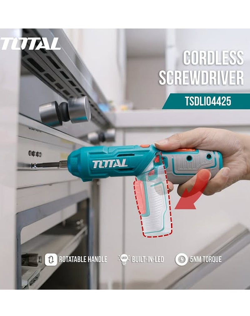 توتال طقم مفك براغي كهربائي لاسلكي TOTAL TSDLI04425 بقوة 4 فولت، مزود بمنفذ شحن من النوع C، ومقبض قابل للتعديل بزاوية 180 درجة، وإضاءة LED، ووظيفة الدوران الأمامي والخلفي، وبطارية ليثيوم، وحامل رؤوس مغناطيسي، ومجموعة أدوات متعددة الرؤوس لأعمال الصيانة المنزلية. - Image 3