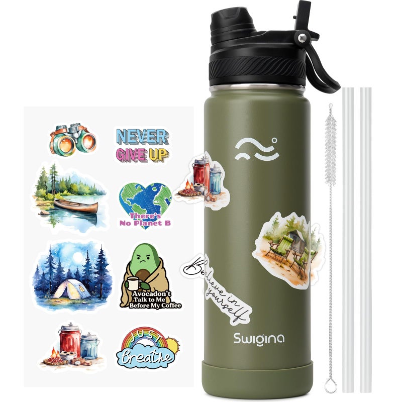 Swigina [2-IN-1 LID] Insulated Water Bottle with Silicone Boot (36hrs Cold/18hrs Hot) - DIY Stickers, Leakproof, BPA Free, 24 oz - Image 1
