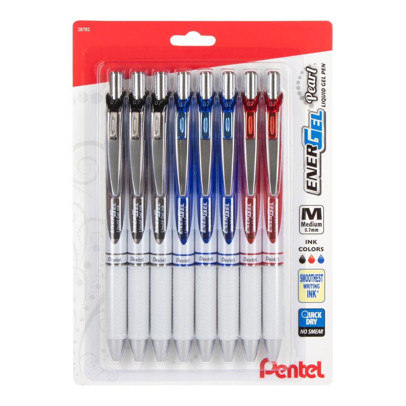 Pentel EnerGel Pearl Retractable Liquid Gel Pen, 0.7mm, Medium Line, Black Red and Blue Ink, 8-Pk (BL77WBP8OFC) - Image 1