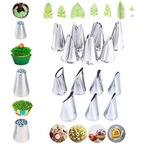 Markeny 7 Pieces Large Piping Tips Set, 3Pieces Russian Grass Cream Tips DIY Decor Baking Tool and 7 Pieces leaf Stainless Steel Piping Nozzles Kit(17 Pieces) - Image 1