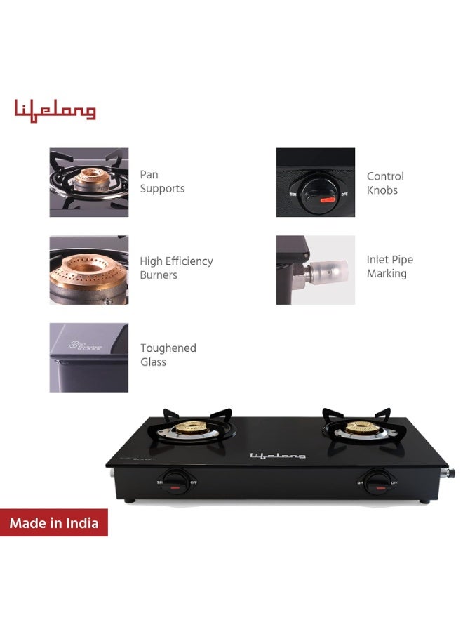 Lifelong 2 Burner Gas Stove Top for Kitchen - Manual Ignition Cooktop Modern Glass Stove for Modular Kitchen, ISI Certified & Compatible with LPG - 1 Year Manufacturer's (Black, - Image 2