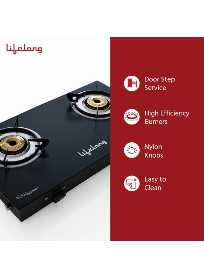 Lifelong 2 Burner Gas Stove Top for Kitchen - Manual Ignition Cooktop Modern Glass Stove for Modular Kitchen, ISI Certified & Compatible with LPG - 1 Year Manufacturer's (Black, - Image 3