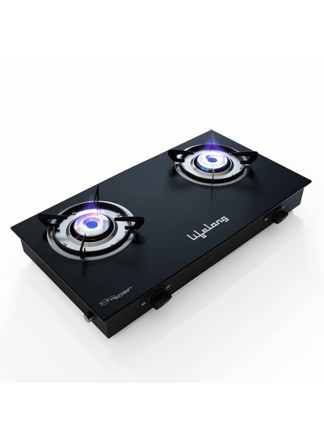 Lifelong 2 Burner Gas Stove Top for Kitchen - Manual Ignition Cooktop Modern Glass Stove for Modular Kitchen, ISI Certified & Compatible with LPG - 1 Year Manufacturer's (Black, - Image 1