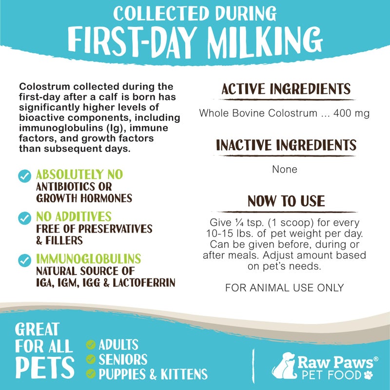Raw Paws Pet Bovine Colostrum for Dogs Allergies & Immune Support (5-Ounce) - Made in USA - Colostrum for Cats - Senior Dog Supplements - Itchy Skin Treatment - All Ages, Sizes & Breeds - Image 4