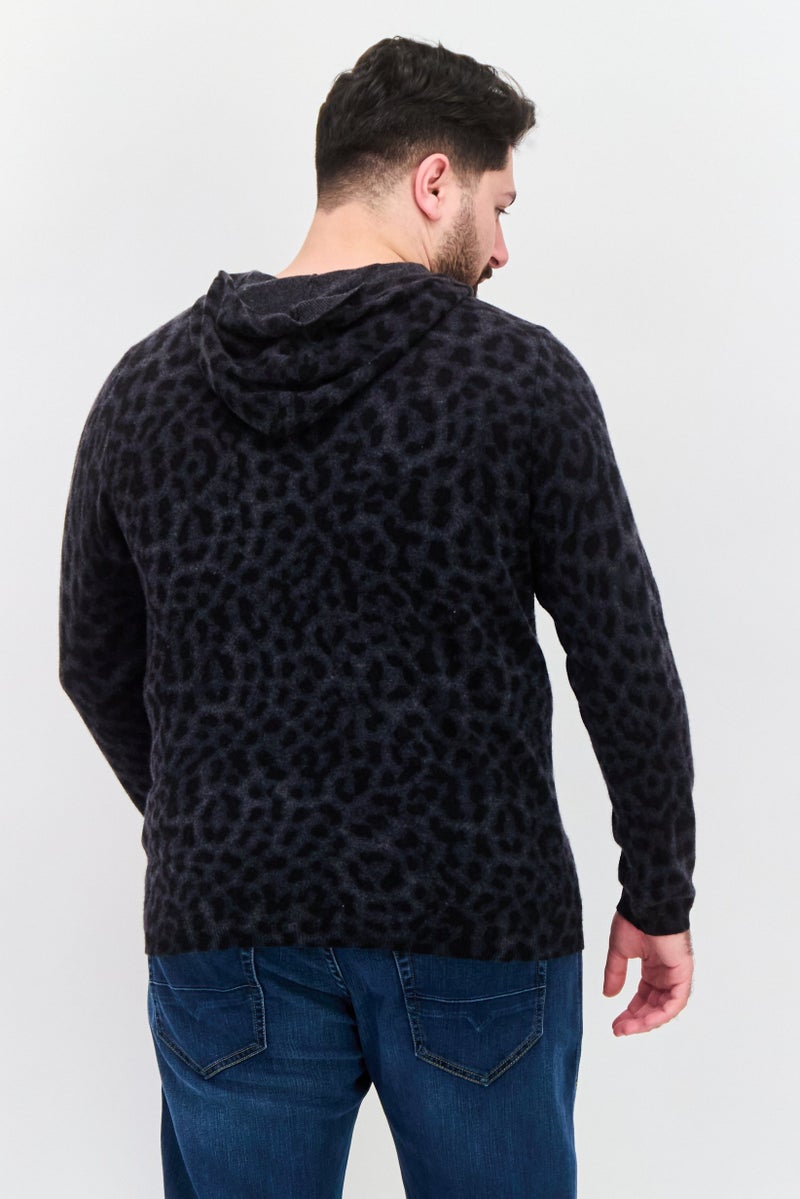 INC Men Cheetah Print, Long Sleeves Hooded Sweater, Deep Black - Image 3