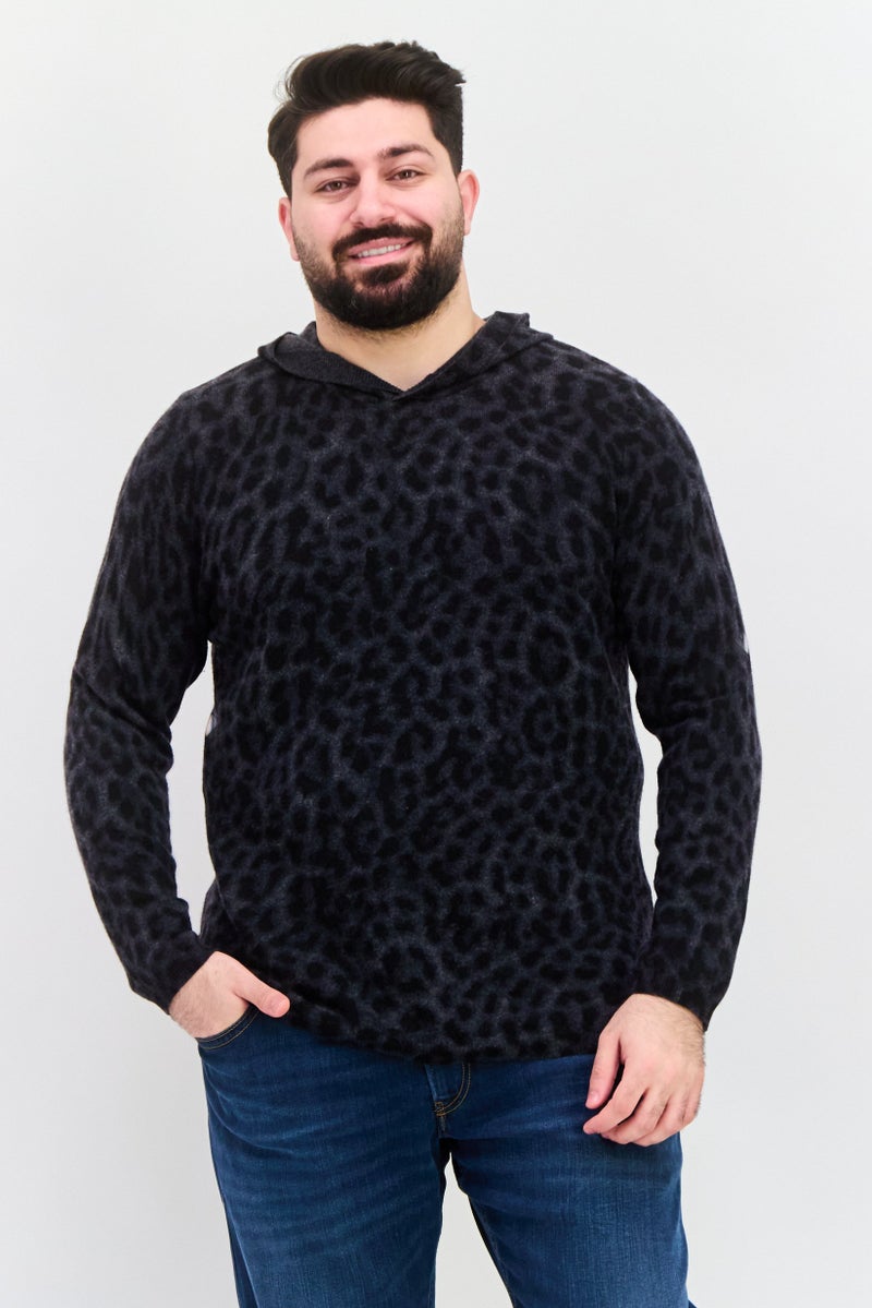 INC Men Cheetah Print, Long Sleeves Hooded Sweater, Deep Black - Image 1