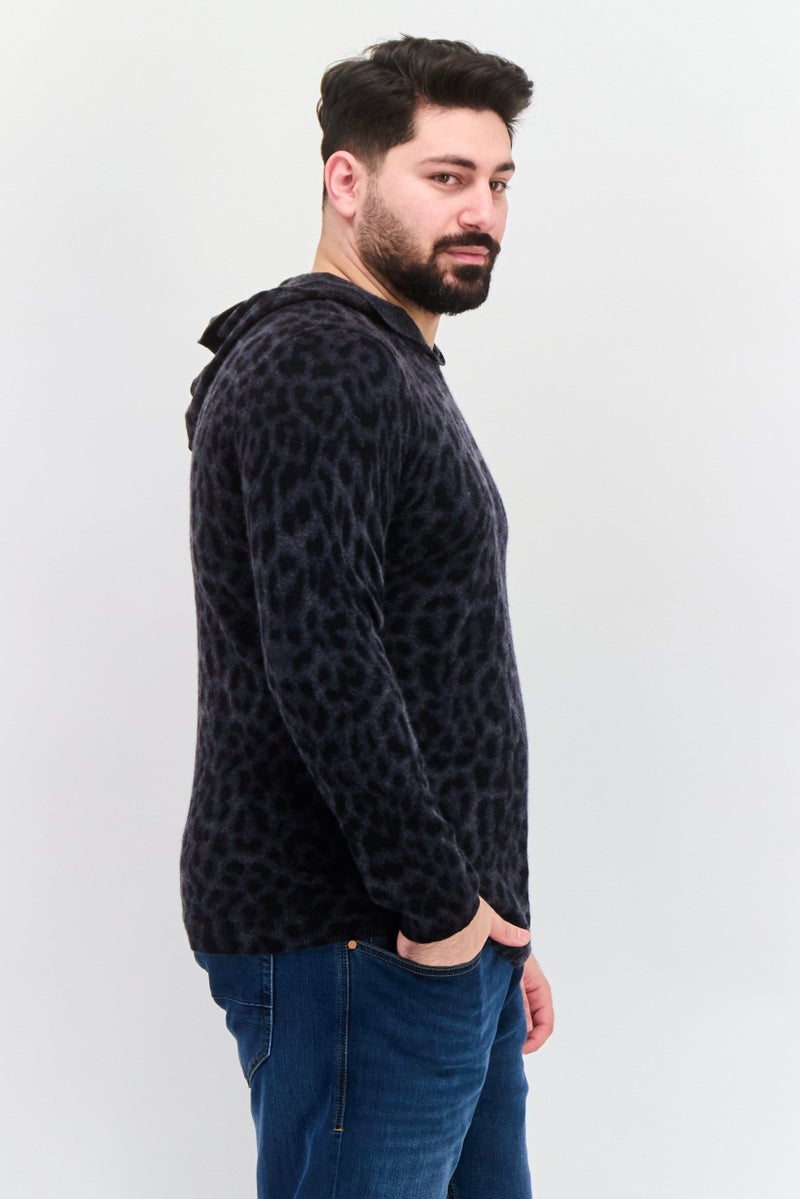 INC Men Cheetah Print, Long Sleeves Hooded Sweater, Deep Black - Image 2