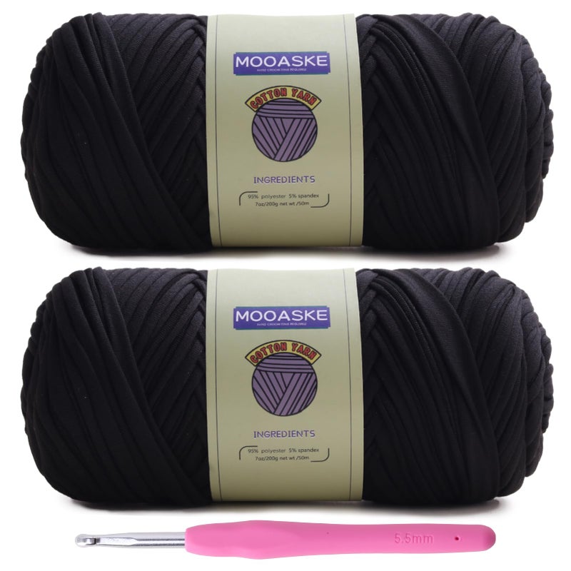 Mooaske 2 Pack T-Shirt Crochet Yarn for DIY Knitting Crochet Cloth Blanket Bag Dolls - 400g Chunky Thick Yarn for Crocheting with Polyester-Spandex Blend Elastic Fabric (Black) - Image 1