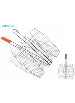 PAMEER Barbeque Steel Grill With Wooden Handle,  Stainless Steel BBQ Grilling Basket Large Folding Grill, Portable BBQ with  Lockable Grate, Grill Basket for Fish, Vegetables Grill BBQ, Size 39 x 37cm  - Image 1