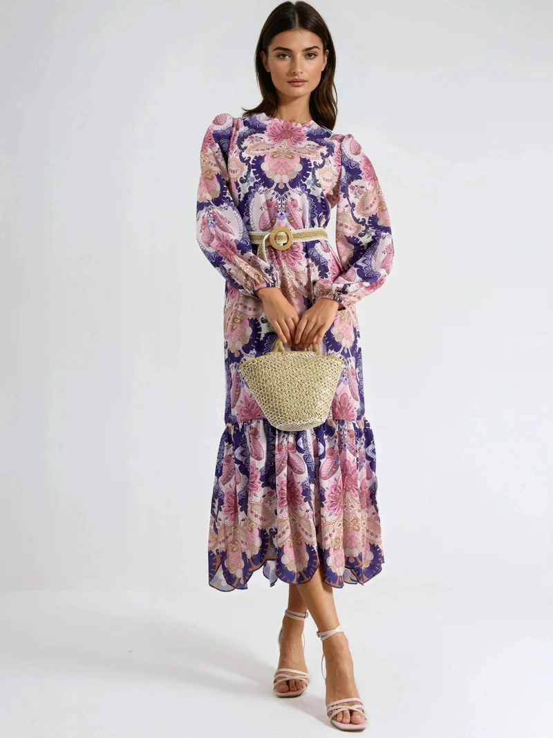 جينيفر Belted Paisley Patterned Midi Dress