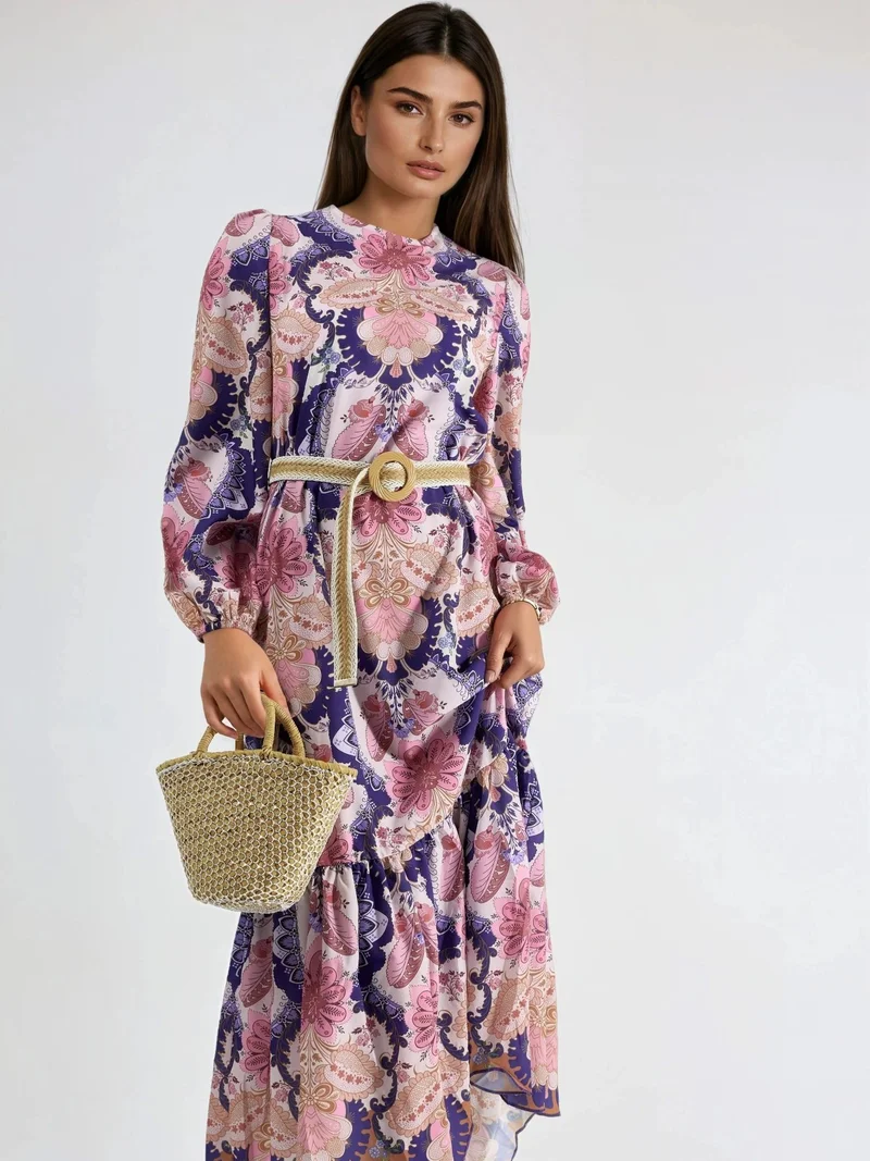 جينيفر Belted Paisley Patterned Midi Dress