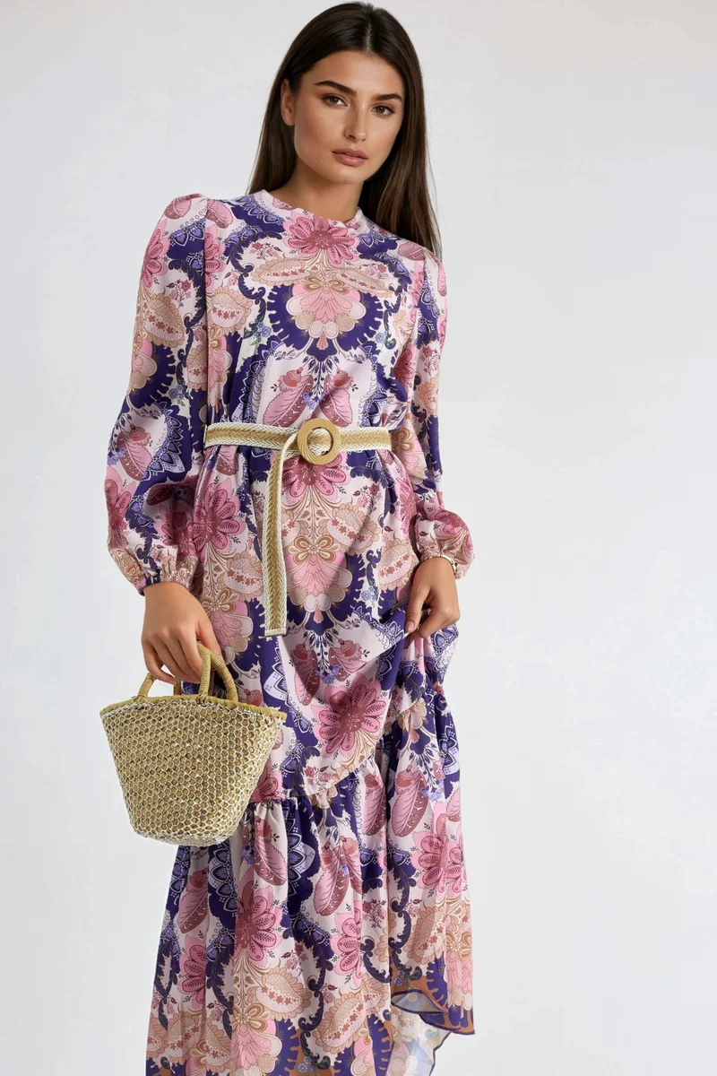 جينيفر Belted Paisley Patterned Midi Dress