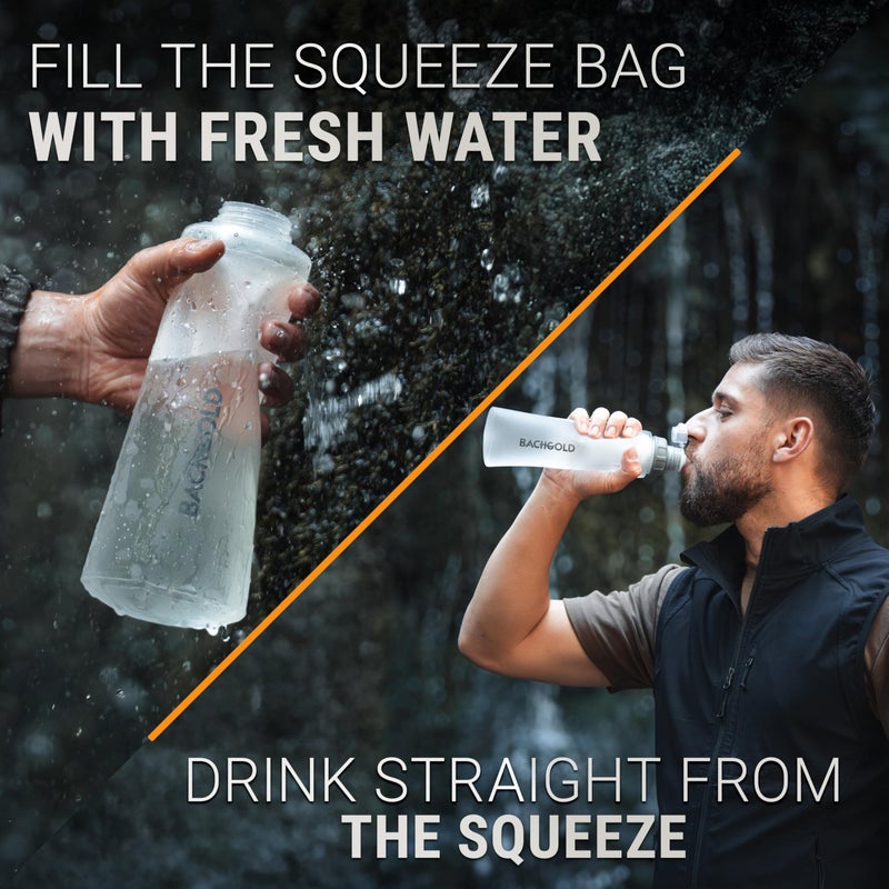 BACHGOLD Water Filter Camping â€“ Bachgold Foldable Squeeze Portable Water Filter for Hiking, Backpacking & Emergency Use | Ultralight Outdoor Filtration Bottle, Swiss Design (White, 33.8 Oz) - Image 3