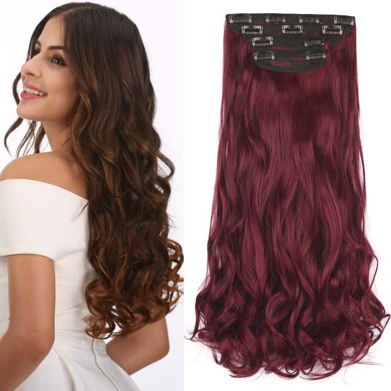 REECHO 24 Long Thick Curly Wavy Clip in on Hair Extensions 4 Pieces Set Burgundy