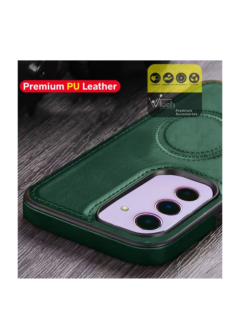 Wtech - Luxury Leather Magnetic Wireless Charging Original MagSafe Shockproof Case Cover For Samsung Galaxy S23 Green - Image 1
