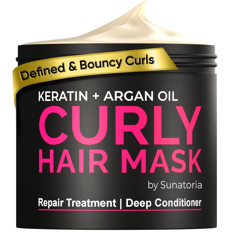 SUNATORIA Curly Hair Mask - Deep Conditioner for Curly Hair - Natural Argan & Keratin Hair Treatment Mask - 8.5 Fl Oz - Repair, Hydrate, Moisturize Dry, Damaged, Wavy & Frizzy Hair - Image 1