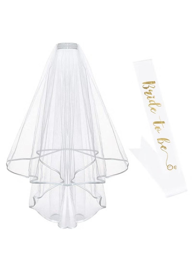 SILADEFU Women Bride To Be Printed Sash With Shoulder Length Veil Party Set - Image 1