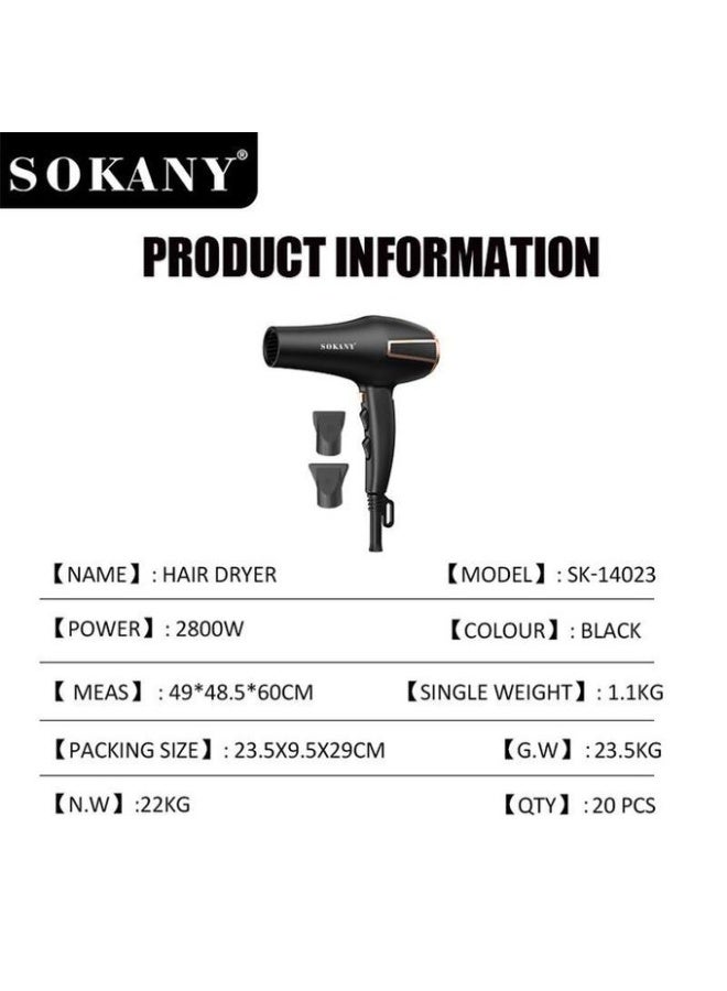 sokany 2800W Professional Hair Dryer SK-14023 – High Power Fast Drying Blow Dryer, 2 Speed & 2 Heat Settings, Salon Performance Hot Air Styler with Attachments, 220-240V, Black - Image 3