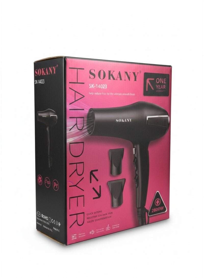 sokany 2800W Professional Hair Dryer SK-14023 – High Power Fast Drying Blow Dryer, 2 Speed & 2 Heat Settings, Salon Performance Hot Air Styler with Attachments, 220-240V, Black - Image 2