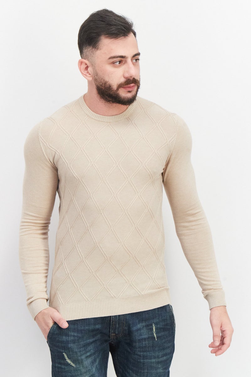 Sorbino Men Round Neck Textured Sweaters, Beige - Image 1