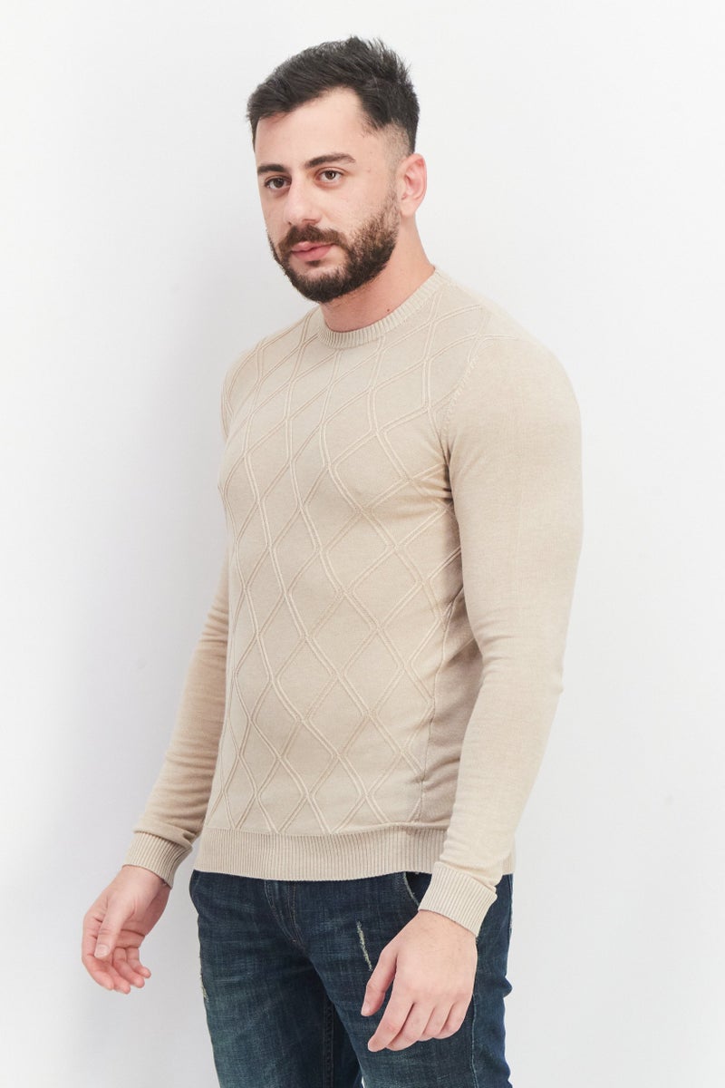 Sorbino Men Round Neck Textured Sweaters, Beige - Image 3