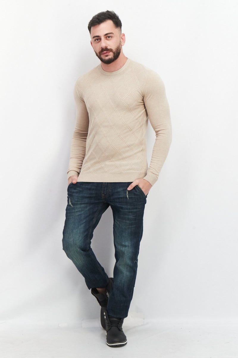 Sorbino Men Round Neck Textured Sweaters, Beige - Image 4