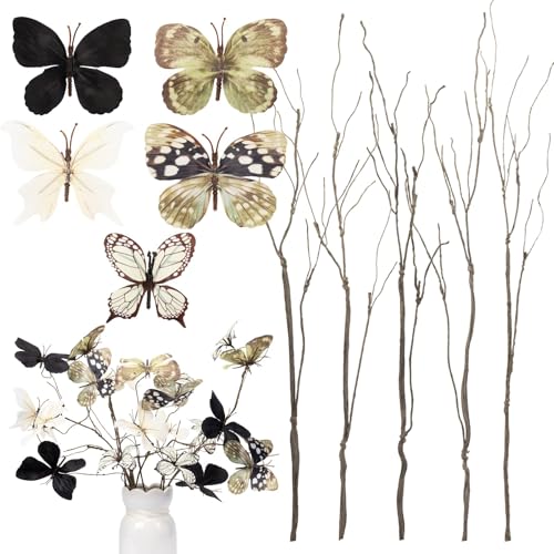 Wolpark 5 Pcs DIY Butterfly Decorations 5 Butterfly Branches with 30 Fake Butterflies for Crafts Faux Stems for Vase Filler Bouquets Home Decoration Office Table Decor (Black & White) - Image 2