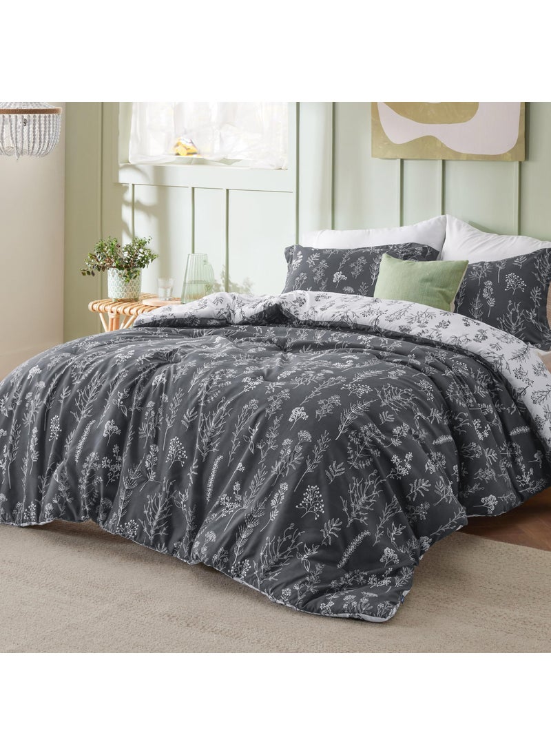 Bedsure Bedsure Queen Comforter Set - Dark Grey Comforter  Cute Floral Bedding Comforter Sets  Gifts for Woman  3 Pieces  1 Soft Reversible Botanical Flowers Comforter and 2 Pillow Shams  - Image 2