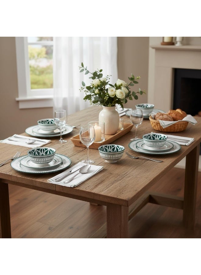Shallow Amalfi 12 Piece Porcelain Dinner Set, Serves 4 people, includes 4 x 10.5" Dinner Plates, 4 x 7.5" Salad plates, 4 x 4.5" bowls, Elegant Green Modern Crockery - Image 2