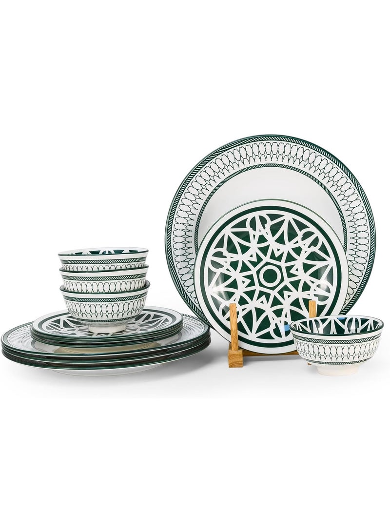 Shallow Amalfi 12 Piece Porcelain Dinner Set, Serves 4 people, includes 4 x 10.5" Dinner Plates, 4 x 7.5" Salad plates, 4 x 4.5" bowls, Elegant Green Modern Crockery - Image 1