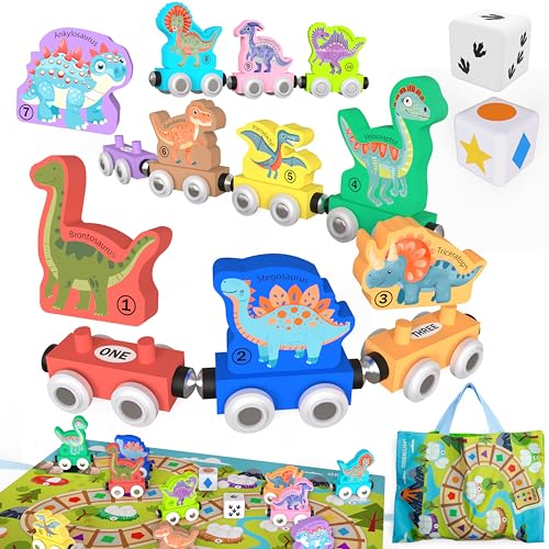 ORBRIUM Wooden Train Set Magnetic Dinosaur Trains Montessori STEM Toys Number Counting Shapes Colors Dice Game Mat Bag for Toddlers Kids Grandkids fits Wooden Train Tracks Thomas Brio - Image 1