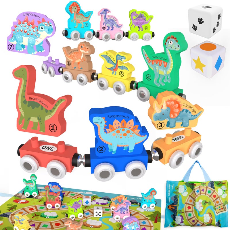 ORBRIUM Wooden Train Set Magnetic Dinosaur Trains Montessori STEM Toys Number Counting Shapes Colors Dice Game Mat Bag for Toddlers Kids Grandkids fits Wooden Train Tracks Thomas Brio - Image 3