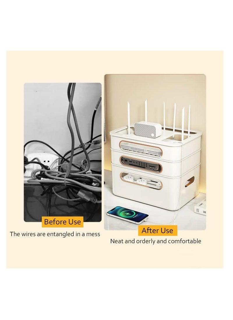 Generic Router Storage Box, Wifi Wireless Router Set-Top Box Shelf STB Optical Modem Cover Rack Cord Socket Board Container Box Multi-Layer Desktop Cable Organiser Box for TV Cabinet (Beige, 1-Layer)  - Image 3