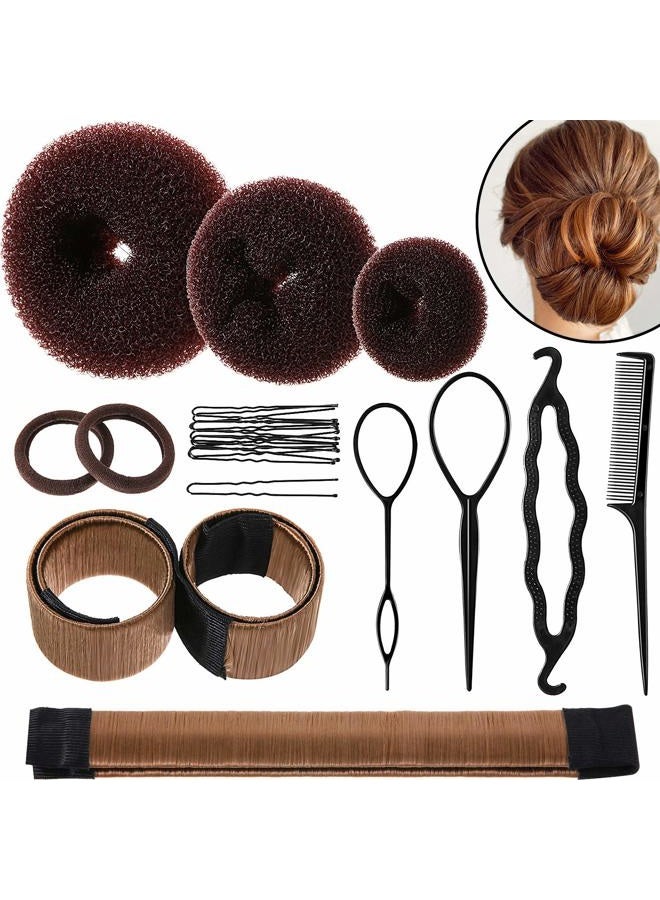 WILLBOND مجموعة تشكيل كعكة الشعر، تشمل 3 قطع من كعكة الشعر الدونات، 2 قطعة من علامة الكعكة، 4 قطع من أداة ذيل الحصان، 10 قطع من دبابيس الشعر و2 قطعة من الأربطة المرنة لمجموعة صانع كعكة الشعر للنساء والأطفال - Image 1