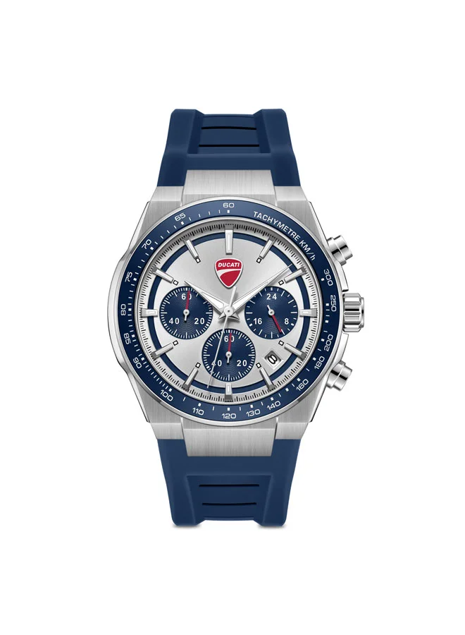 Ducati Nitro Silver-Blue Dial, Silicone Strap, Chronograph Watch for Men, 43mm