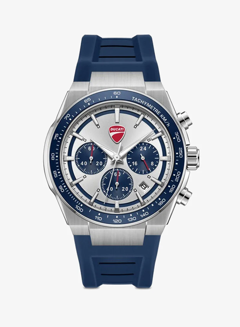 Ducati Nitro Silver-Blue Dial, Silicone Strap, Chronograph Watch for Men, 43mm