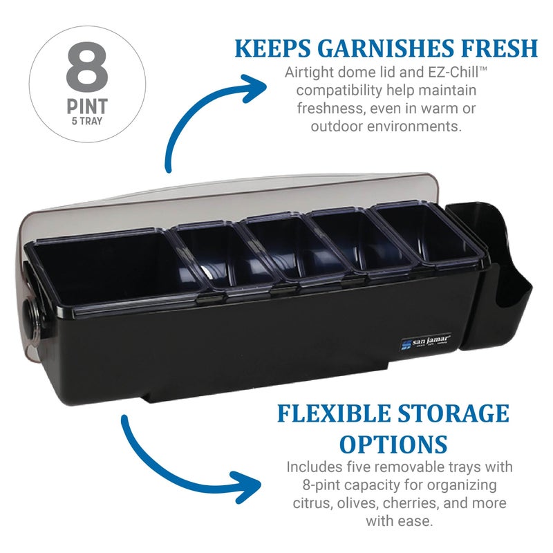 San Jamar Dome Garnish Center 5 Tray with Dome Lid for Kitchen, Bar, And Restaurants, Plastic, 8 Pints, Black - Image 1