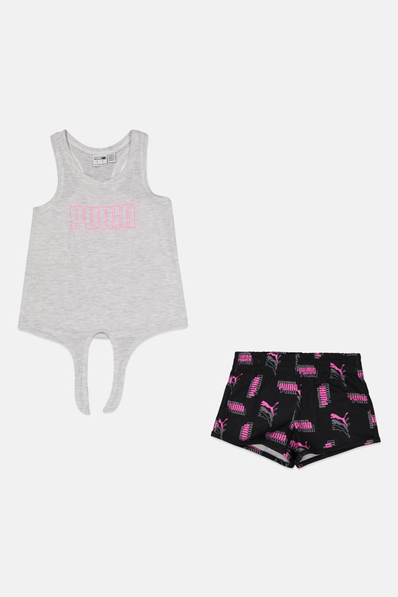 PUMA Kids Girl 2 Pieces Sportswear Fit Brand Logo Top And Short Set, Light Grey/Black  - Image 1