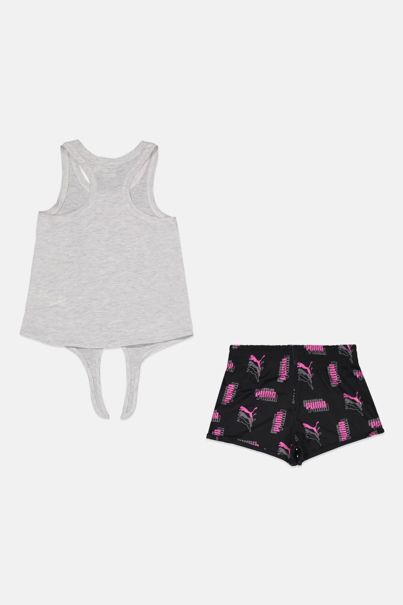 PUMA Kids Girl 2 Pieces Sportswear Fit Brand Logo Top And Short Set, Light Grey/Black  - Image 2