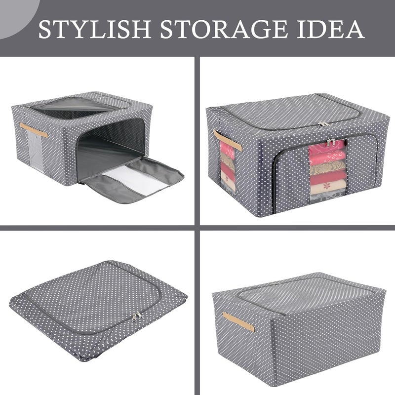 Urbane Home Urbane Home Pack of 2 Clothes Storage Box 24 Liter Wardrobe Organizer Parachute Steel Frame Drawer Organizer Waterproof Underbed Storage Box for Blankets Dot Print Grey  - Image 4