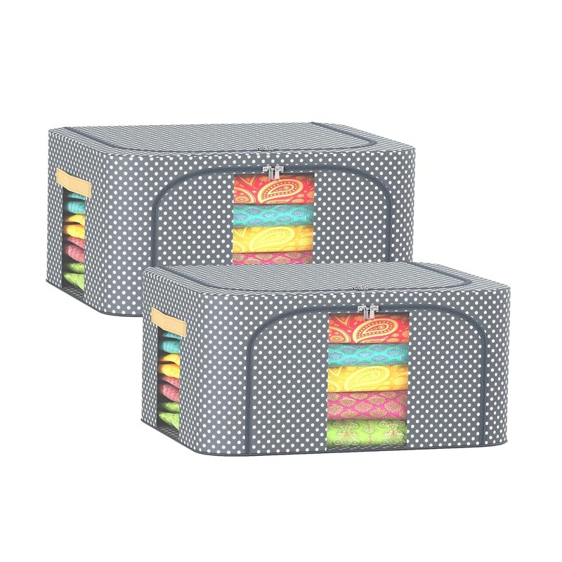 Urbane Home Urbane Home Pack of 2 Clothes Storage Box 24 Liter Wardrobe Organizer Parachute Steel Frame Drawer Organizer Waterproof Underbed Storage Box for Blankets Dot Print Grey  - Image 1